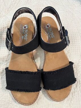 Skechers BOBS Black Fabric Memory Foam wedge Sandals 7.5